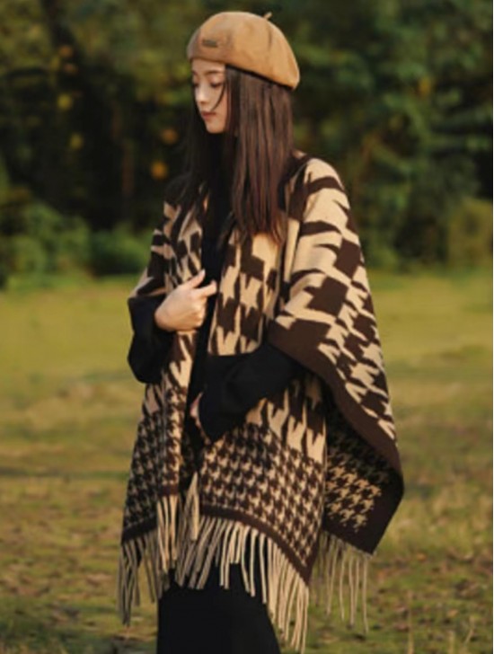 Premium Soft Houndstooth Cape W/ Fringes